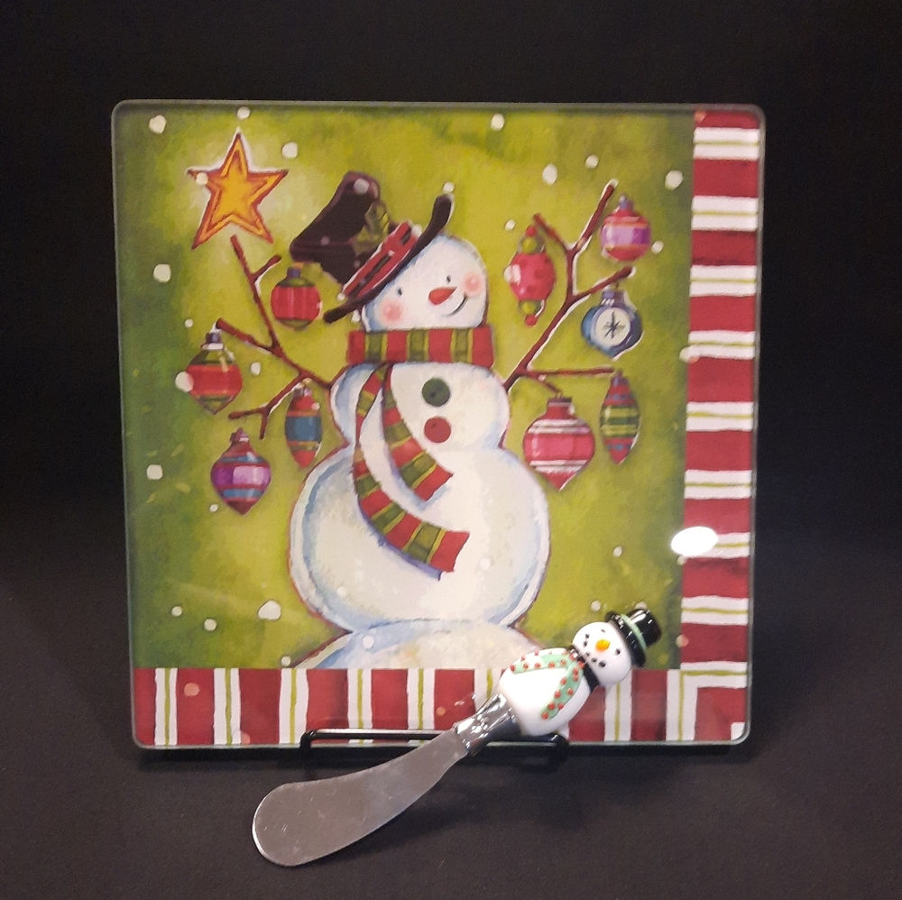 Holiday Snowman Glass Cheese Serving Board with Snowman Spreader ~ 8”x 8” Square
